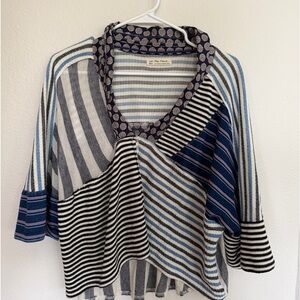 We The Free People Stripe Is Right Top Womens Medium Patchwork Poncho Tunic Blue